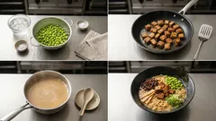 Wegański ramen wysokobiałkowy: kremowy bulion z tahini i miso, seitan i edamame