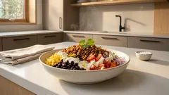 Sałatka meksykańska z chrupiącym granulatem sojowym i dressingiem jogurtowo-limonkowym